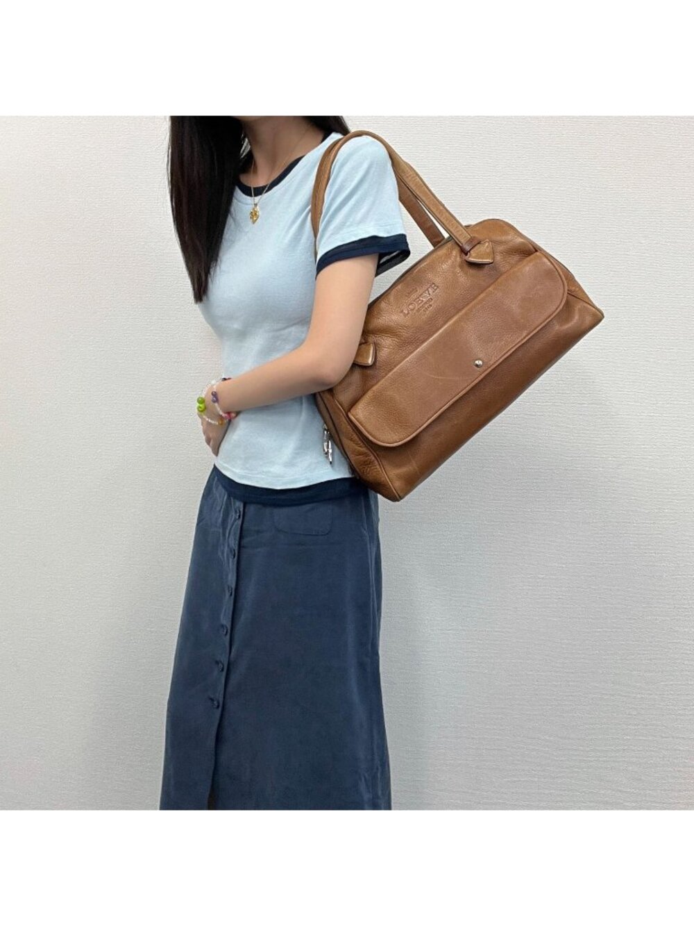 Loewe Anagram Front Pocket Boston Bag Leather Camel Silver Vintage